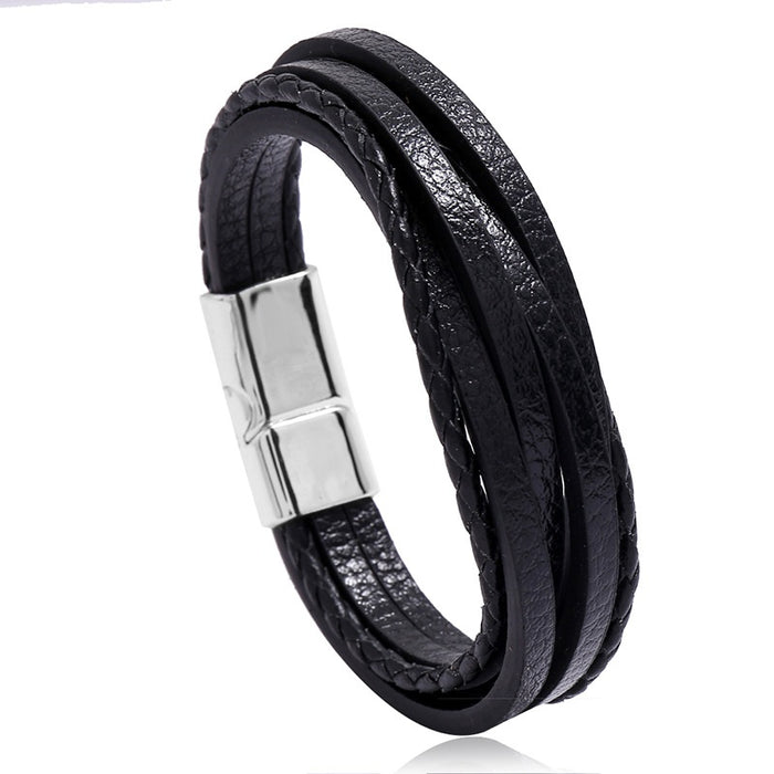 Multi Layer Simple Braided Mens Faux Cowhide Leather Bracelet With Magnetic Clasp
