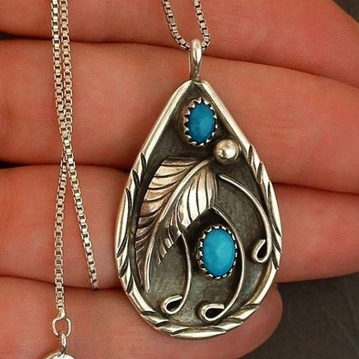 Vintage European Style Water Drop Women's Necklace With Embossed Feather Turquoise Pendant