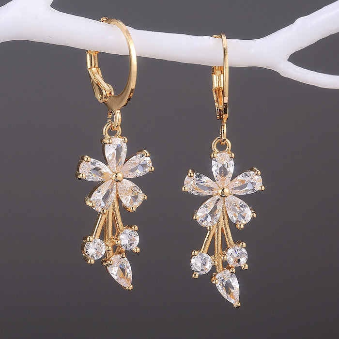 European Fashion OL Women's Floral Earrings Copper Zircon Inlaid Plated Ear Jewelry