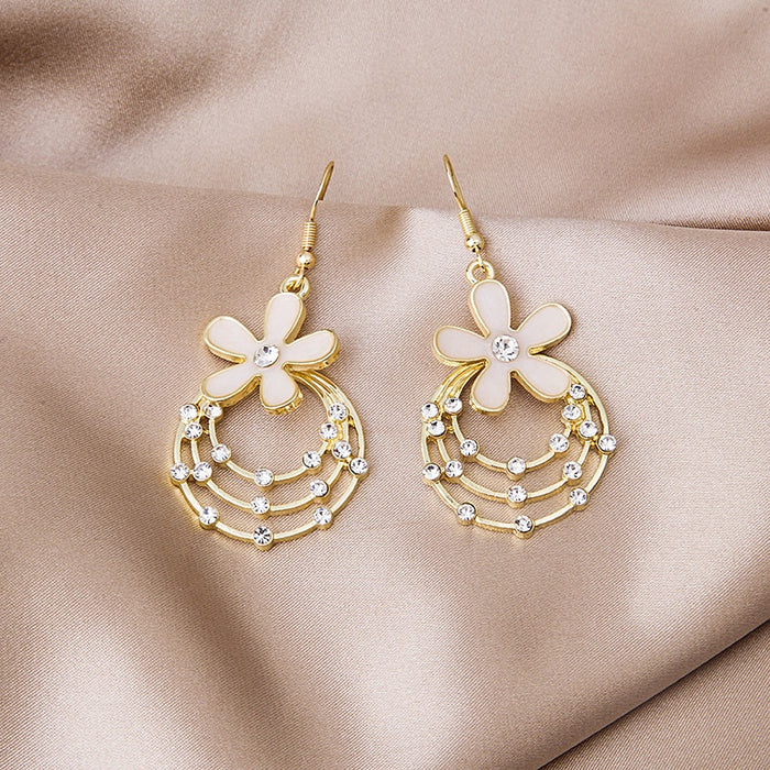 Vintage Elegant Enamel Flower Multi Layer Hoop Rhinestone Alloy 925 Silver Needle Drop Earrings