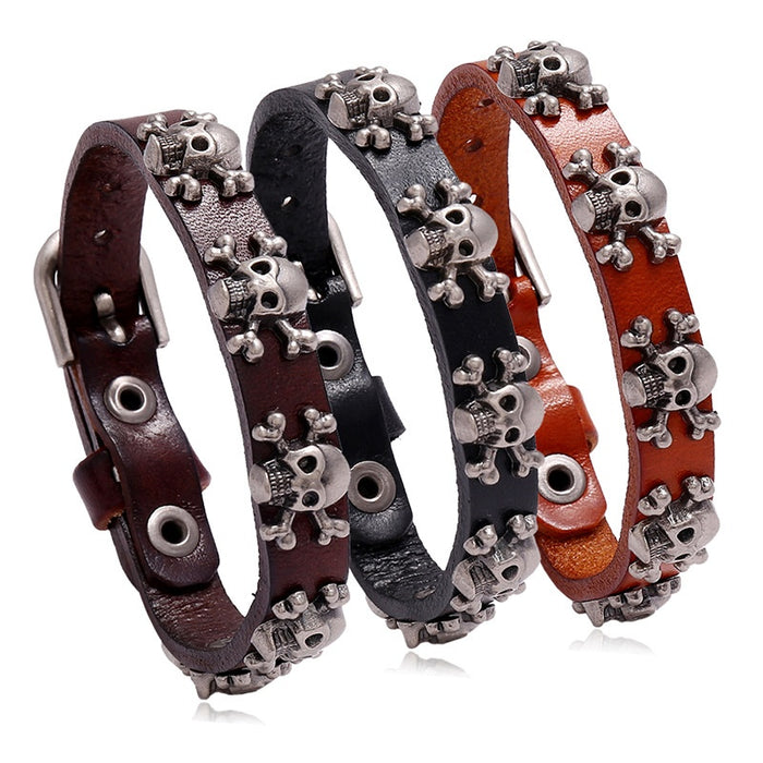 Punk Skull Genuine Leather Bracelet For Men Simple Adjustable Hot Selling Fashion Accessory