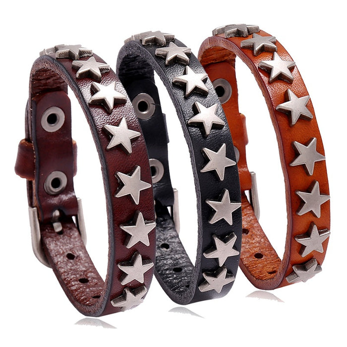 Punk Vintage Five Point Star Cowhide Leather Bracelet Bar Street Dance Wristband Accessory
