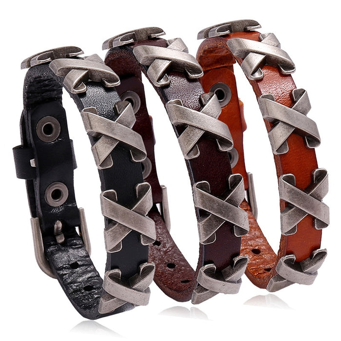 Adjustable Mens Cowhide Leather Bracelet With X Studs Vintage Punk Bar Street Dance Jewelry