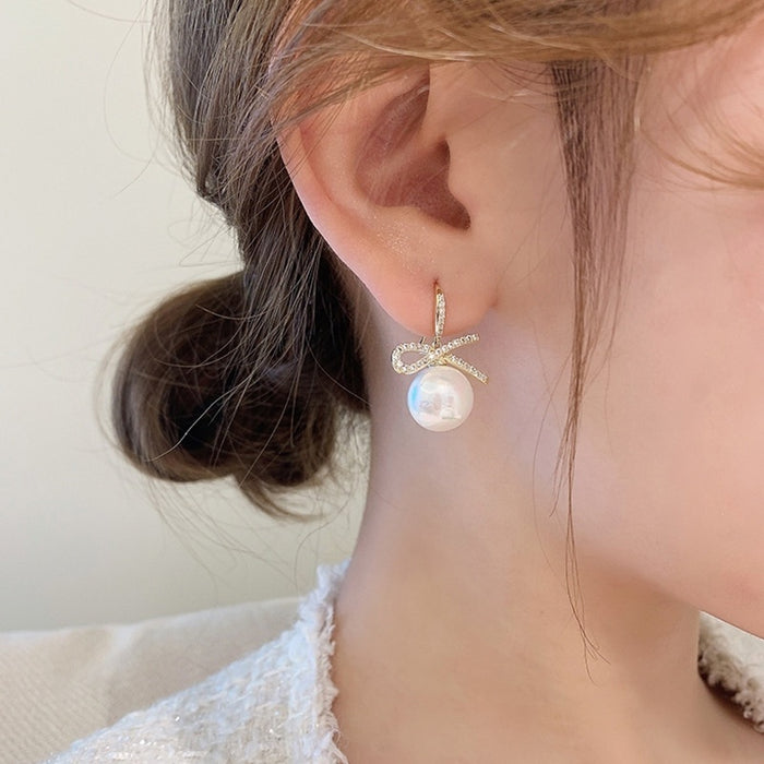 Korean Style Alloy Rhinestone Bow Pearl Drop Earrings For Elegant Minimalist Fashion