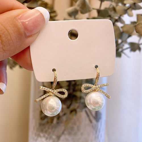 Korean Style Alloy Rhinestone Bow Pearl Drop Earrings For Elegant Minimalist Fashion
