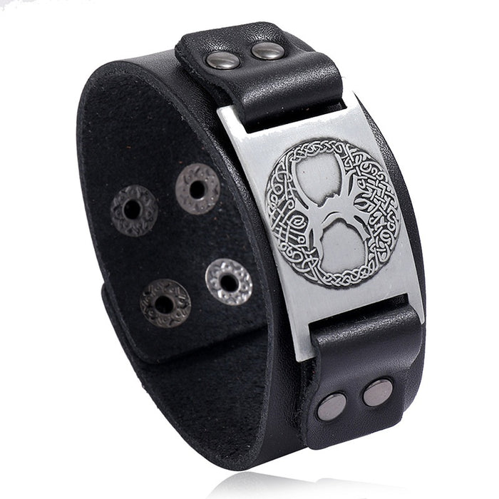 Viking Totem Lucky Tree Cowhide Leather Bracelet Vintage Braided Punk Wide Cuff For Men