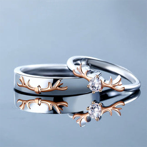 Fashion Simple Deer Antler Couple Rings, Two Tone Copper Zircon Matching Pair Rings