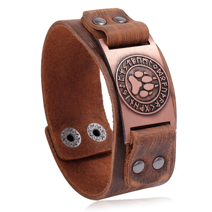 Nordic Vintage Viking Totem Cowhide Leather Bracelet Simple Men's Punk Wide Wristband