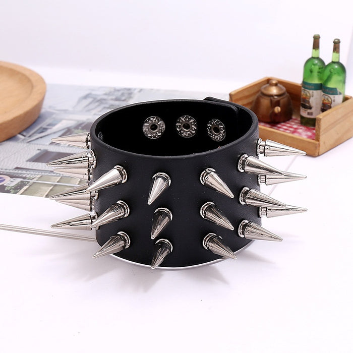 Punk Wide Leather Bracelet With Triple Row Spikes For Bar Motorcycle Statement Accessories