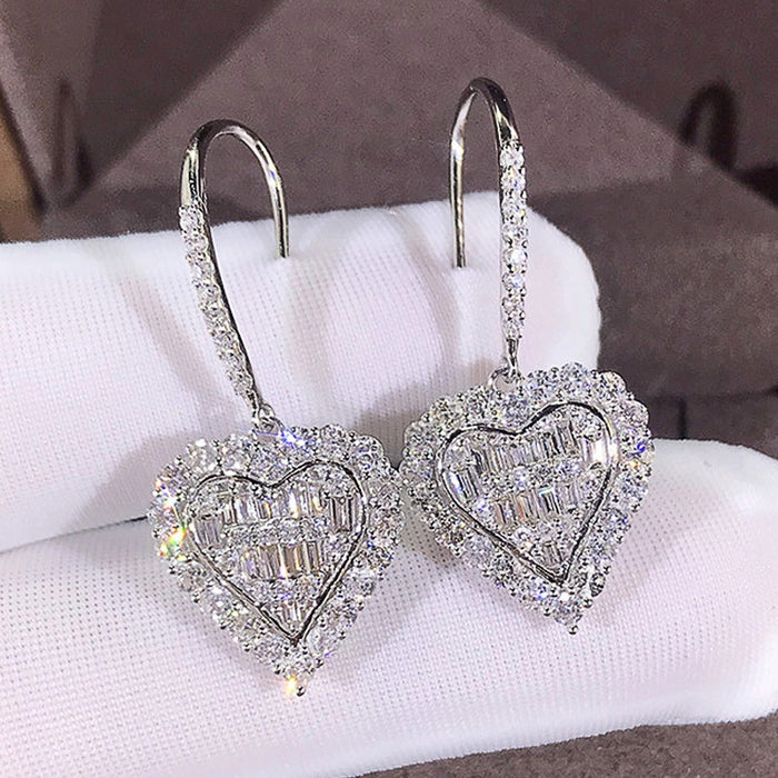 Forest Style Heart Drop Hook Earrings For Women With Zircon Heart Design Fashion Jewelry