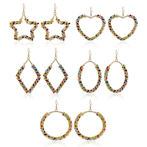 Bohemian Colorful Seed Bead Wrapped Alloy Geometric Star Heart Oval Hoop Dangle Earrings