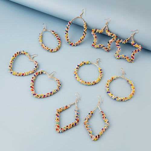 Bohemian Colorful Seed Bead Wrapped Alloy Geometric Star Heart Oval Hoop Dangle Earrings