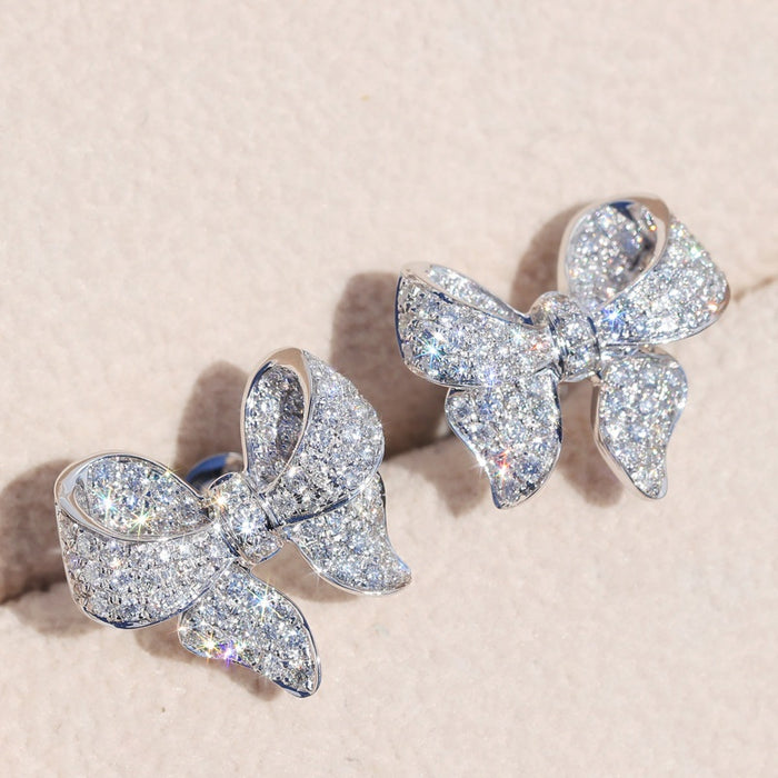 Korean Commuter Bow Stud Earrings, Heavy Micro Pave Zircon Light Luxury Small Jewelry For Women