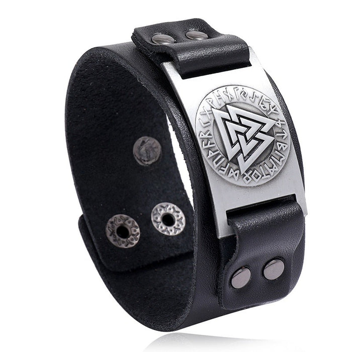 Nordic Vintage Viking Totem Cowhide Leather Bracelet With Odin Symbol For Men