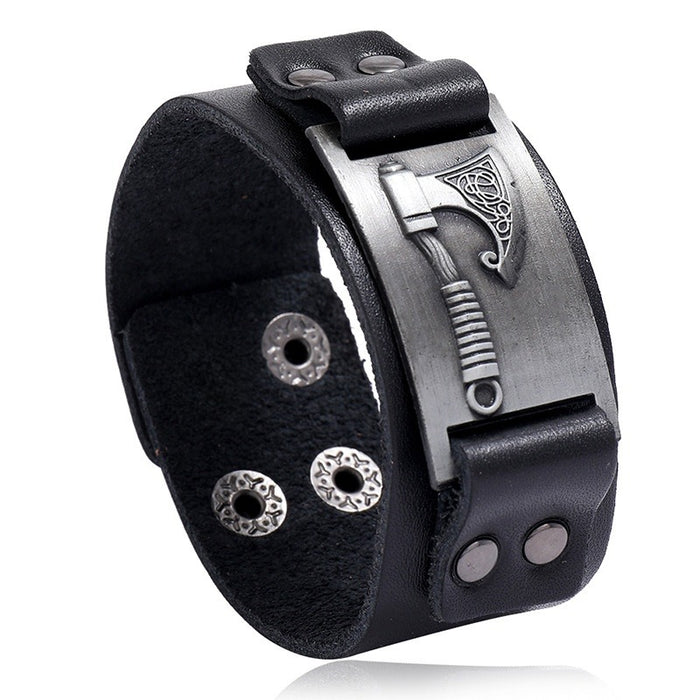 Nordic Viking Battle Axe Cowhide Leather Bracelet Vintage Punk Wide Leather Cuff For Men
