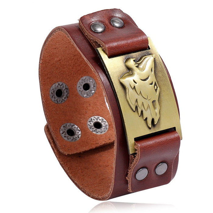 Vintage Wolf Head Cowhide Leather Bracelet Simple European American Biker Punk Jewelry