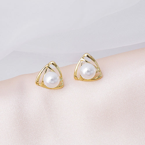 Elegant Hollow Geometric Triangle Gold Alloy Faux Pearl Stud Clip On OL Minimalist Fashion Earrings