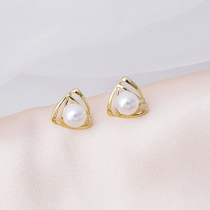Elegant Hollow Geometric Triangle Gold Alloy Faux Pearl Stud Clip On OL Minimalist Fashion Earrings