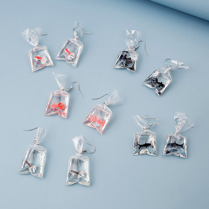 Funny Cartoon Goldfish In Transparent Acrylic Water Bag Creative Japanese Style Drop Earrings
