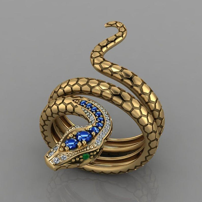 Creative Snake Shape Ring With Sapphire Blue Zircon Inlay, Unisex European American Finger Jewelry