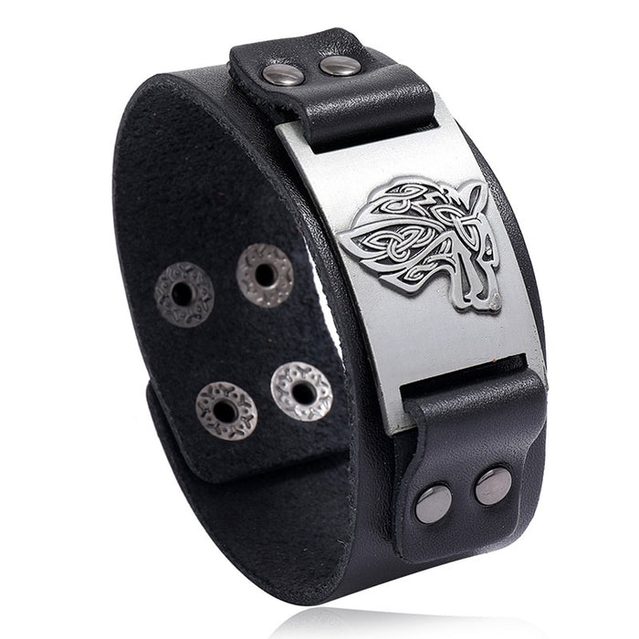 New Nordic Viking Cowhide Leather Bracelet With Celtic Wolf Head Charm For Men Jewelry