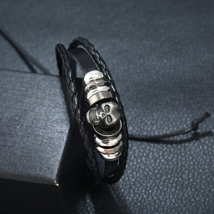 European American Beaded Skull Head Men's Cowhide Leather Bracelet Fashion Jewelry