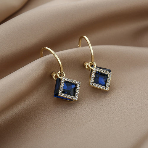 Elegant C Hoop Square Blue Red Crystal Rhinestone Drop Alloy 925 Silver Needle Women's Fashion Earrings