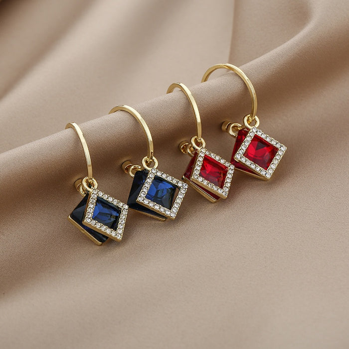 Elegant C Hoop Square Blue Red Crystal Rhinestone Drop Alloy 925 Silver Needle Women's Fashion Earrings