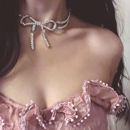 Korean Style Alloy Full Rhinestone Bow Choker Necklace Elegant Fashion Collarbone Jewelry