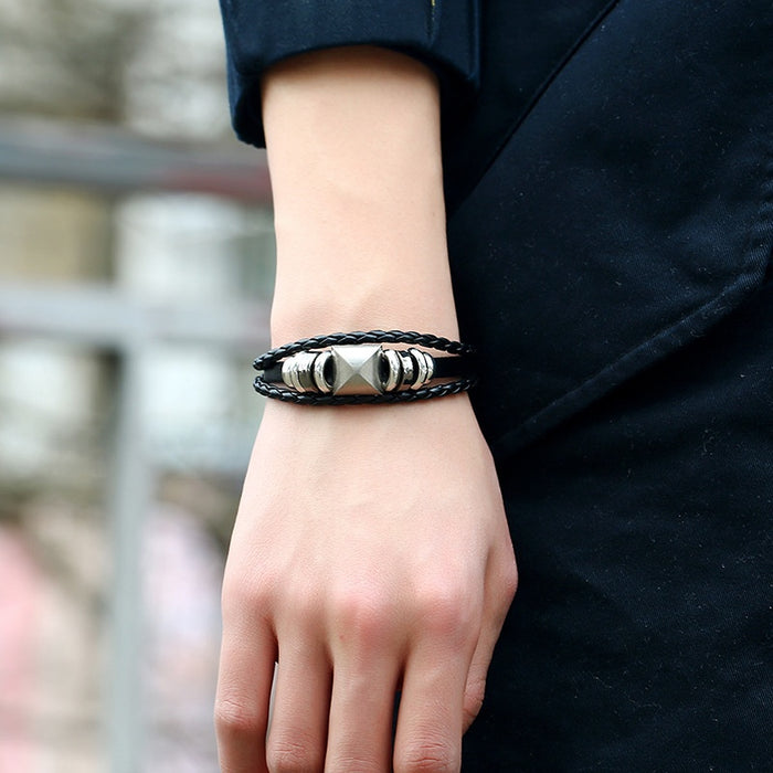 Punk Korean Style Cowhide Leather Bracelet Fashion Beaded Braided Student Wristband Jewelry