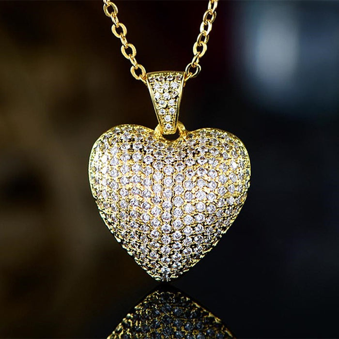 Romantic Heart Women's Necklace With Full Cubic Zirconia Pave, European American Jewelry