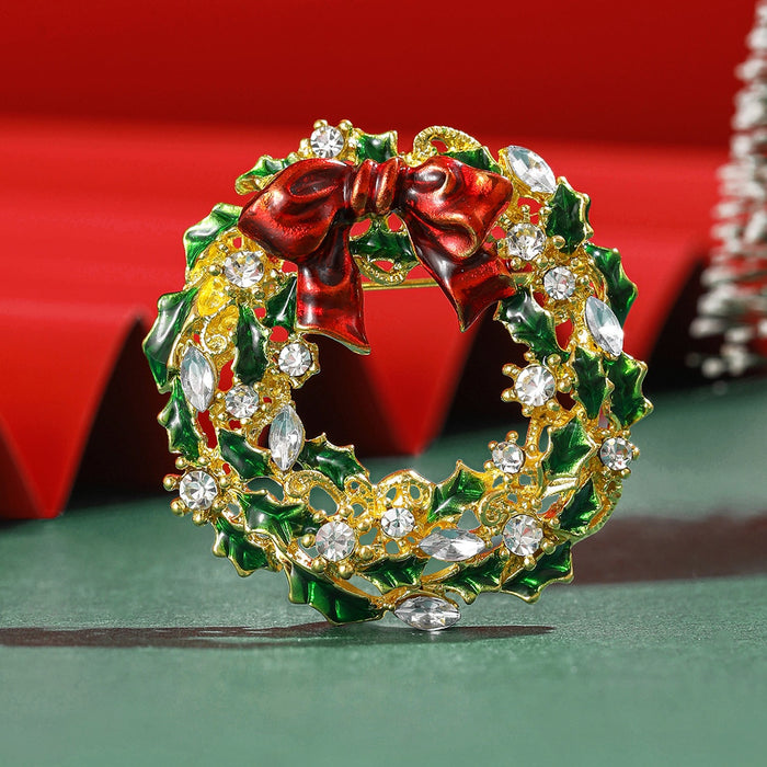 Alloy Enamel Rhinestone Christmas Bow Wreath Brooch Pin For Apparel