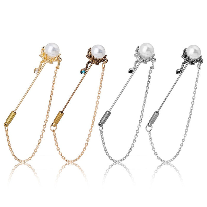 Korean Vintage Small Snake Pearl Brooch Pin With Chain Tassel, Palace Style Cardigan Coat Accessory