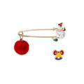 Christmas Pom Pom Brooch Pin 2 Piece Set With Snowman Bell Reindeer Moon Holiday Chest Pins view 5