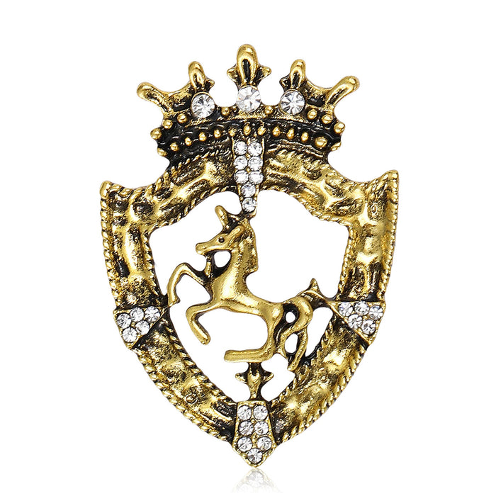 Alloy Rhinestone Shield Crown Horse Brooch For Men's Suit Decoration