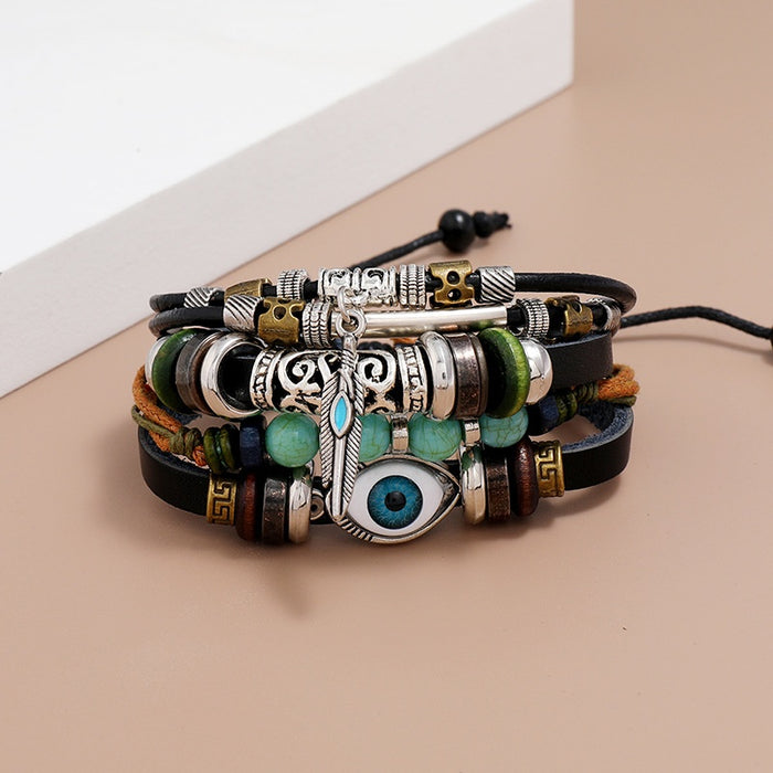 Adjustable Multi Layer Blue Eye Genuine Leather Beaded Bracelet For Trendy Fashion Jewelry