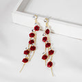 Elegant Korean Rose Flower Tassel Drop With Rhinestone Crystal Alloy 925 Silver Pin Earrings view 1