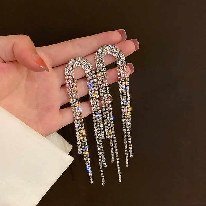Alloy Silver Needle Full Rhinestone Geometric Tassel Long Drop Earrings For Women