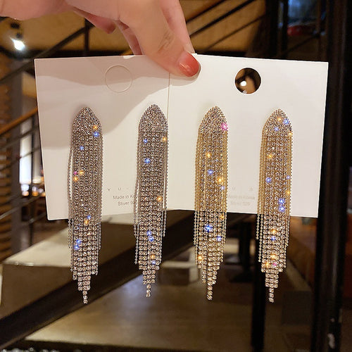 Copper Geometric Triangle Rhinestone Long Tassel Drop Earrings For Women Fashion OL Style