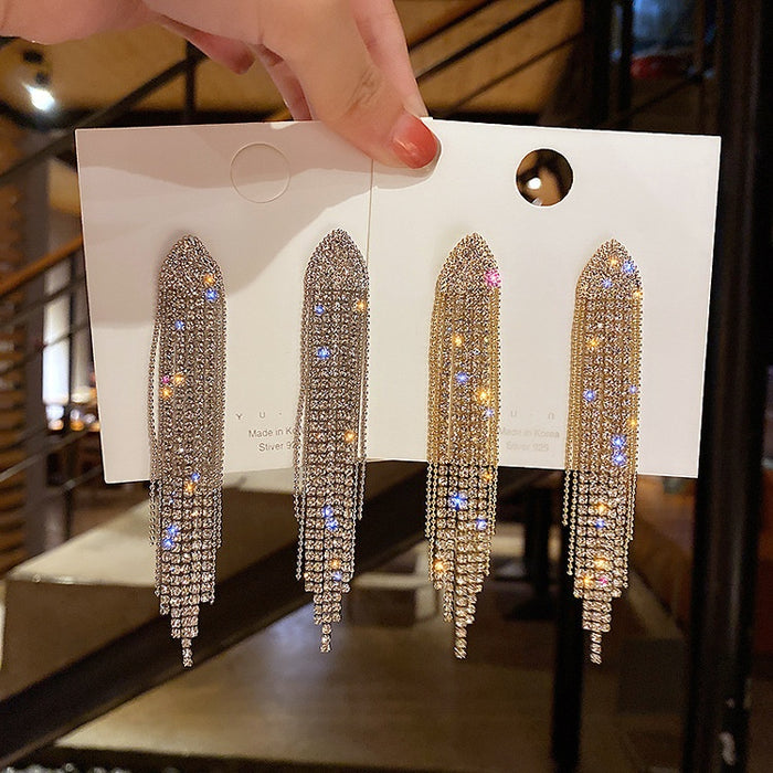 Copper Geometric Triangle Rhinestone Long Tassel Drop Earrings For Women Fashion OL Style