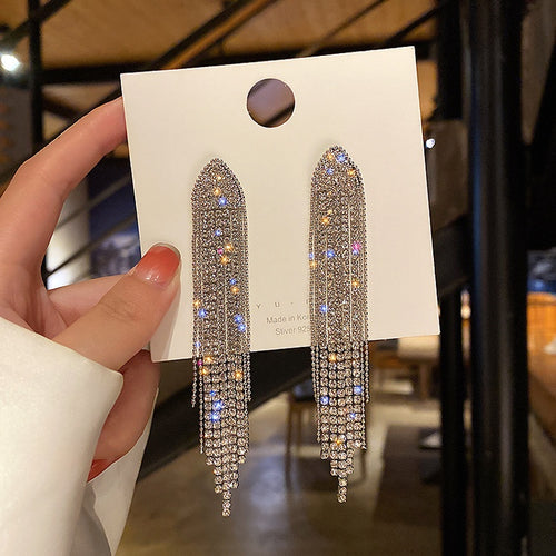 Copper Geometric Triangle Rhinestone Long Tassel Drop Earrings For Women Fashion OL Style