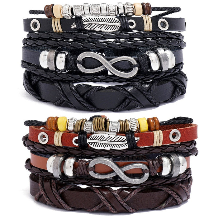 Vintage Braided Cowhide Leather Bracelet DIY 3 Piece Set With Infinity And Feather Charms