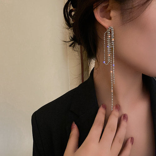 Alloy Geometric Rhinestone Long Tassel Drop Earrings With Silver Pins European American Style