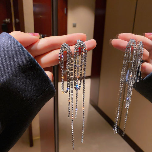 Alloy Geometric Rhinestone Long Tassel Drop Earrings With Silver Pins European American Style