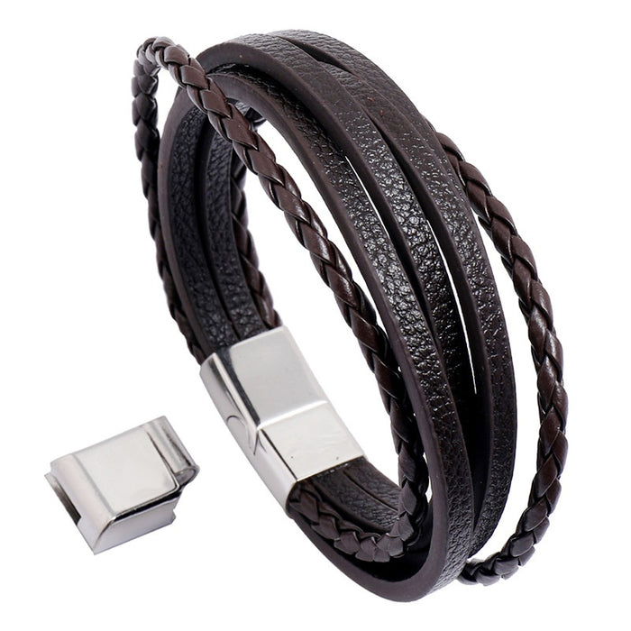 Men's Vintage Multi Layer Braided Stainless Steel PU Leather Bracelet, Simple Magnetic Clasp Wristband