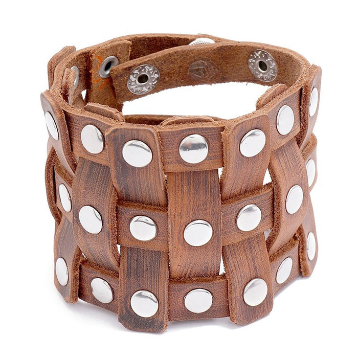 Vintage Men's Cowhide Leather Bracelet Simple Adjustable Punk Wide Leather Wristband