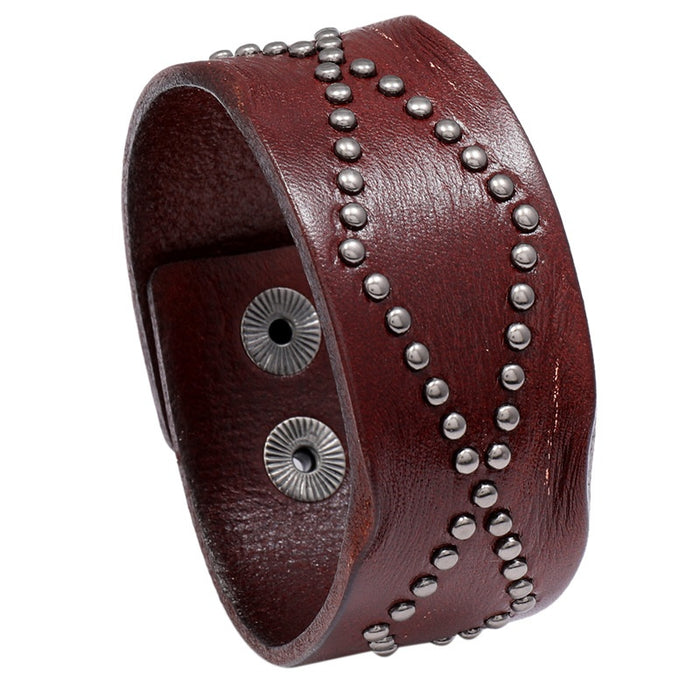 European American Punk Genuine Cowhide Leather Bracelet, Vintage Studded Wide Wristband