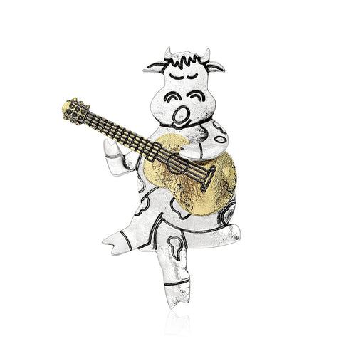 Alloy Guitar Playing Cow Brooch Pin For Creative Clothing Decoration