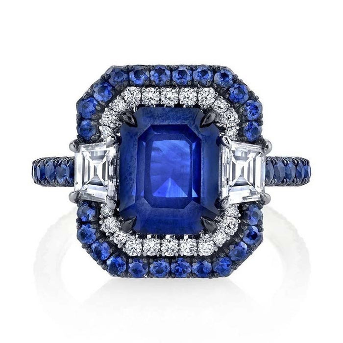 Fashion Women's Blue Rhinestone Ring Alloy Plated Engagement Proposal Finger Jewelry