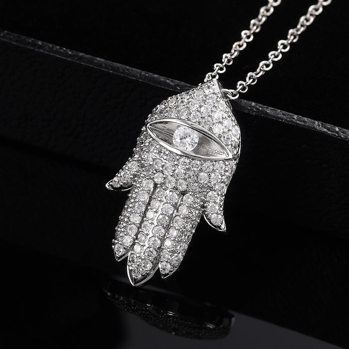 Fashion Hamsa Hand Hip Hop Micro Pave Zircon Pendant Necklace Sweater Chain Jewelry